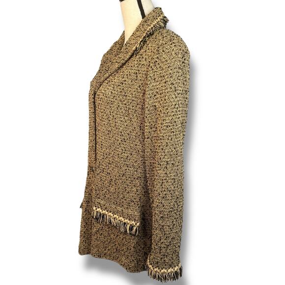 St John Collection Womens Tweed Blazer Jacket Fringe Trim Gold Tan Black Size 16 - Picture 2 of 11